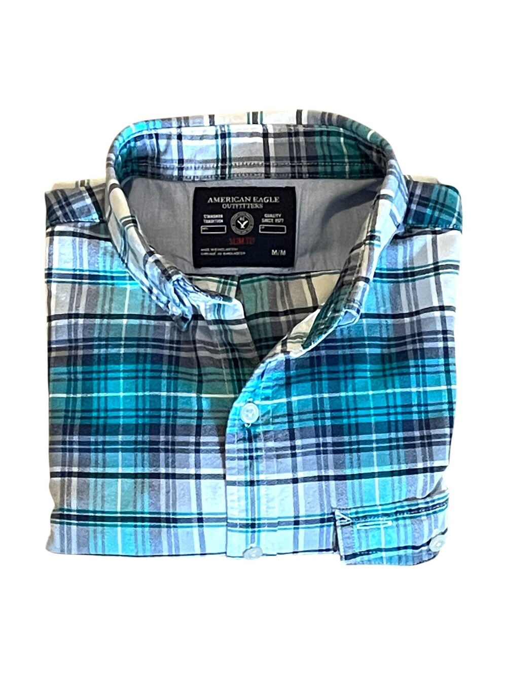 American Eagle Mens MED Blue White Plaid Button Up Slim Fit